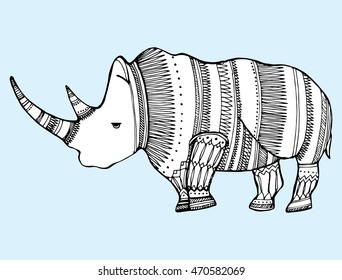 Stylized rhinoceros. African animals. Zoo. Ornamental. Cartoon. Line art. Black and white drawing by hand. Doodle. Tattoo.