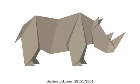 A stylized rhinoceros crafted from folded paper, showcasing a unique geometric design with sharp angles and a textured appearance, standing gracefully.