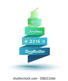 Stylized ribbon 2016 Christmas tree with gold star. Vector illustration.