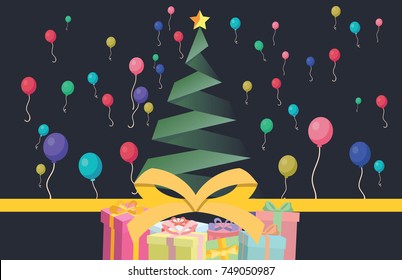 Stylized ribbon Christmas tree with gift box and balloons.Christmas card. vector, illustration.