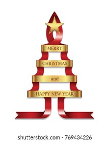 Stylized ribbon Christmas tree with golden star. Decoration Happy new year Vector illustration.