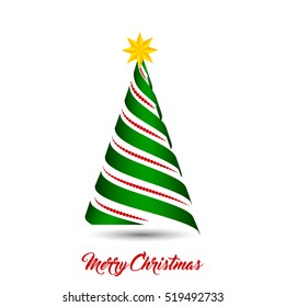 Stylized ribbon Christmas tree with yellow star. Vector illustration. Isolated on white.