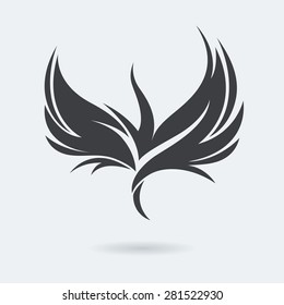 Stylized rising flying bird icon in grey color. Phoenix or Eagle image. Vector illustration. Works well as a tattoo, emblem, print or mascot.