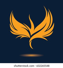 Stylized rising flying bird icon in orange and black colors. Phoenix or Eagle image. Vector illustration. Works well as a tattoo, emblem, print or mascot.