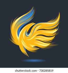 Stylized rising flying bird icon. Flame and fire. Phoenix or Eagle image. Vector illustration. Works well as a tattoo, emblem, print or mascot. Golden, blue, yellow and black colors