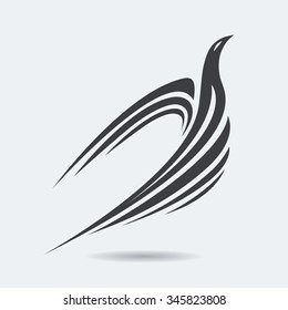 Stylized rising flying bird silhouette in grey color. Phoenix, pigeon or swallow image. Vector illustration. Works well as a tattoo, emblem, print, computer icon or mascot.