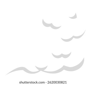 Stylized rising smoke or steam with copy space, forming elegant curves and waves on a plain white background, ideal for representing concepts related to evaporation, cooking, or air pollution