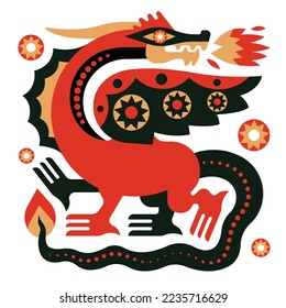 Stylized rising winged dragon breathing fire. Works well as a tattoo, icon, emblem, print or mascot. Flat.