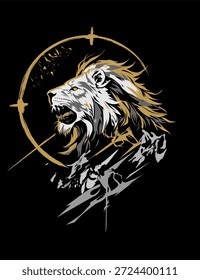 Stylized roaring lion head profile with grunge golden effects. Aggressive wild animal mascot vector suitable for streetwear apparel print, tattoo, emblem, and clothing template on black background