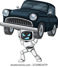 Robô estilizado exibe força sobre-humana, carro clássico de elevação, cores arrojadas, ilustração de vetor de desenhos animados