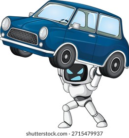 El robot estilizado levanta sin esfuerzo el coche azul compacto, Arte vectorial de la historieta, fondo blanco limpio