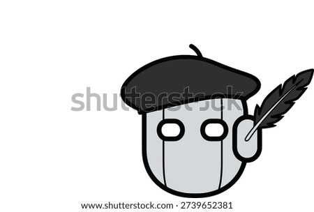 Stylized Robot Head with Black Beret and Feather Quill, Representing Digital Artistry and AI Creativity