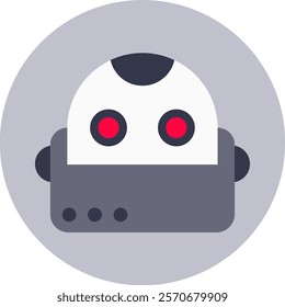 Stylized robot head with glowing red eyes and gray body symbolizing artificial intelligence and advanced technology, set against a gray circular background