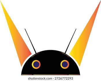 Una cabeza de robot estilizada con cuernos de gradiente naranja y amarillo vibrantes y ojos brillantes
