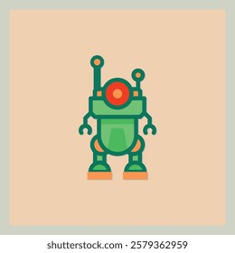 Stylized robot icon with antenna and circular red face in green and orange shades