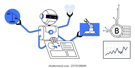 A stylized robot juggling various elements represents AI, technology, law, medicine, robotics, and finance. Ideal for technological advances, AI integration, automation, blockchain, and future