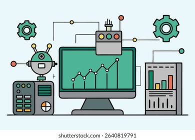 Stylized Robot Monitoring Upward Trending Data on Computer Screen