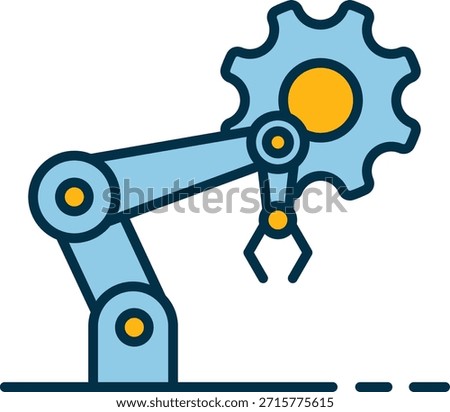 Stylized robotic arm grasping gear with yellow hub. Ideal for automation, robotics, and industrial tech visuals.