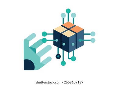 Uma mão robótica estilizada conecta-se a uma estrutura de cubo 3D com nós interconectados, representando dados ou uma rede digital.