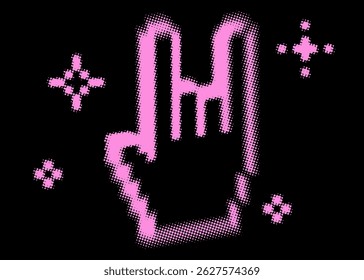 Stylized rock hand vector illustration on black background. Rockstar halftone dot pattern. Abstract grunge overlay texture. Retro bold dotted design element
