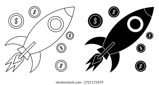 stylized rocket ascends surrounded by coins, representing financial success and business growth.