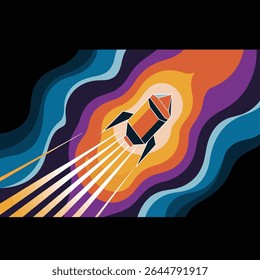 Stylized rocket ascends through vibrant wavy background featuring orange purple blue hues and white streaks suggesting motion