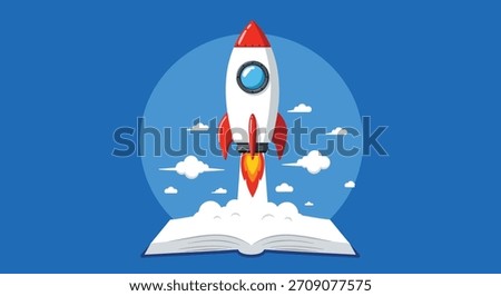A stylized rocket blasts off from an open book, surrounded by clouds and a blue sky, representing the power of learning and imagination.
