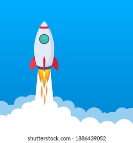 a stylized rocket with a flame of fire takes off into the sky. vector illustration