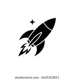 Stylized rocket flies, flames bellowing. Spacecraft design features a sleek black shape and star icon. Isolated on transparent background.
