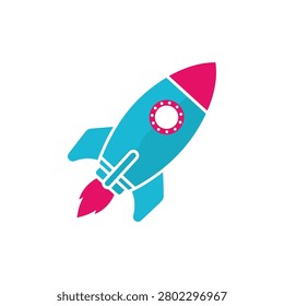 A stylized rocket icon in bold blue and pink colors ascends with bright exhaust flames. This graphic represents launch innovation and interstellar journeys for business presentations.