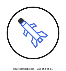 Una ilustración estilizada de un cohete que simboliza el progreso tecnológico, la exploración espacial y las aspiraciones futuras. Su diseño simple y el esquema de color azul crean una estética limpia, representando
