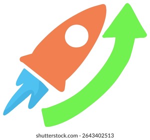 A stylized rocket launches upwards alongside an arched arrow pointing up