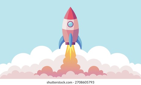A stylized rocket launching into the sky, emitting flames and smoke, isolated on a white background.