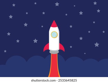 Stylized rocket mid-launch with fiery trail, white body, red fins, and cone, set against a dark blue starry sky. Ideal for space exploration themes, technology, and inspirational projects.