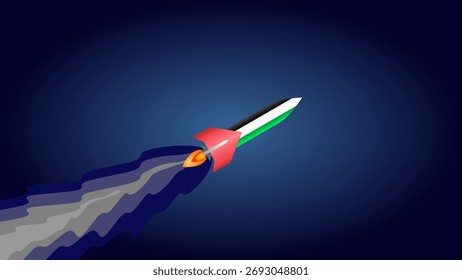 Stylized rocket with Palestine flag colors and red arrow overlay on dark blue, symbolizing progress, tech rise, and national pride in aerospace themes.