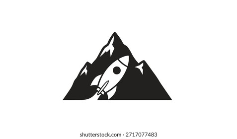 Un cohete estilizado asciende desde detrás de una montaña, simbolizando la ambición, la innovación y la búsqueda de nuevas alturas. El diseño es limpio y moderno.