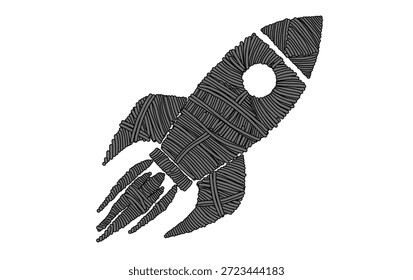 Ilustración estilizada de la nave del cohete con un hilo dibujado a mano único y textura de la cuerda, lanzando en un fondo blanco