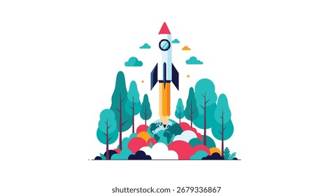 A stylized rocket ship launching from behind a pencil on a vibrant green earth among trees and colorful abstract shapes with clouds above