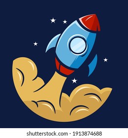 A stylized rocket takes off into space. Vector illustration.