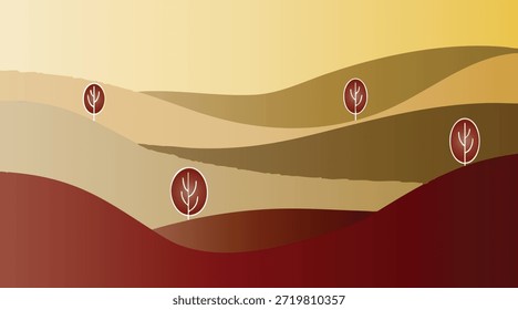 Stylized rolling hills with abstract trees and warm gradient background landscape