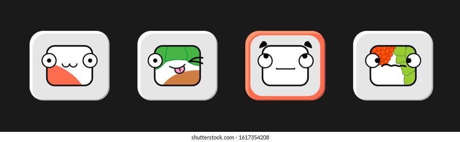 stylized rolls with faces; funny, cute emoji rolls, sushi, uramaki, makizushi with eyes