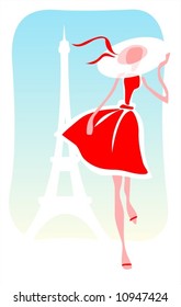 The stylized romantic fashion girl in red dress and a hat isolated on white background with Tour d'Eiffel. Design element for cards or banners. 