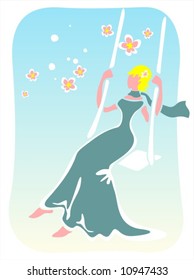 Stylized romantic girl in a blue dress and a scarf shakes on a swing.
