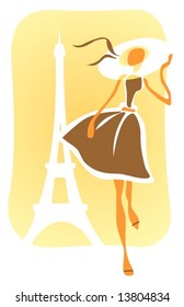 The stylized romantic girl in a hat on a background of Tour d'Eiffel.