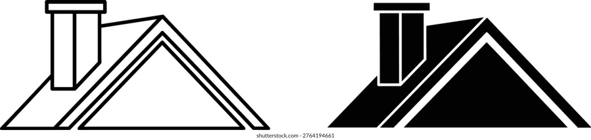 Stylized roof icons, outlined and solid black vector illustration, architectural house design with chimney and attic window graphic inspiration