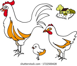 Stylized rooster, chicken, chicken and rural courtyard