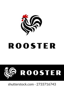 Stylized rooster logo featuring bold black curves and red comb and wattle