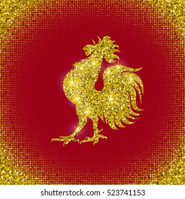 Stylized rooster on red background. Chinese calendar for the year of the rooster 2017. Happy New Year! Golden texture. Background of confetti sparkles gold glitter. Vector design.