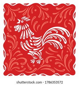 Stylized rooster surrounded by ornaments