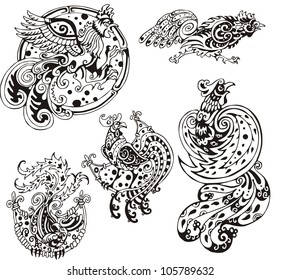 Stylized roosters. Set of black and white vector illustrations.